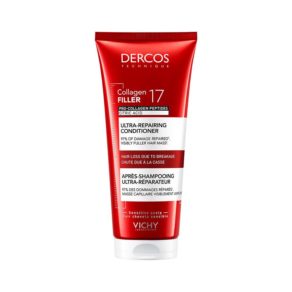Tube rouge avec bouchon blanc. Inscription : Dercos Technique, Collagen Filler 17, Ultra-Repairing Conditioner.