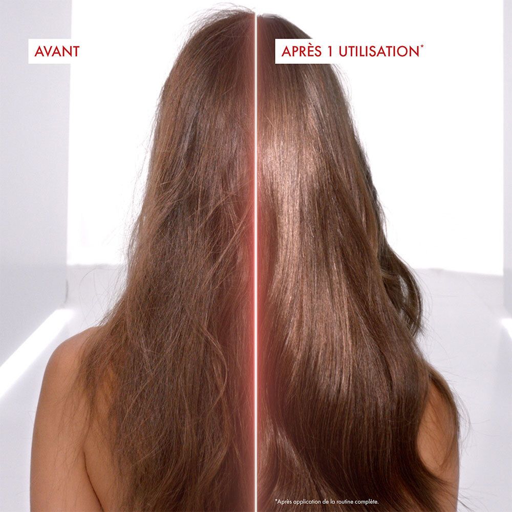 Comparaison des cheveux avant et après application. Texte : Après 1 utilisation.