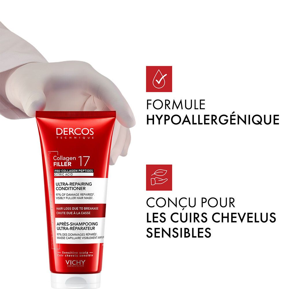 Tube rouge avec texte et deux symboles. Texte : Formule hypoallergénique. Conçu pour les cuirs chevelus sensibles.