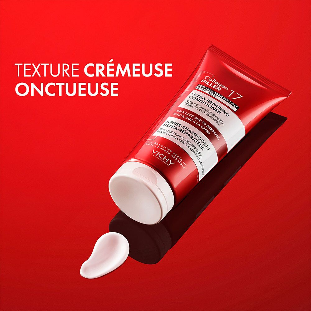 Tube rouge avec texte et texture crémeuse. Une goutte de crème à côté.