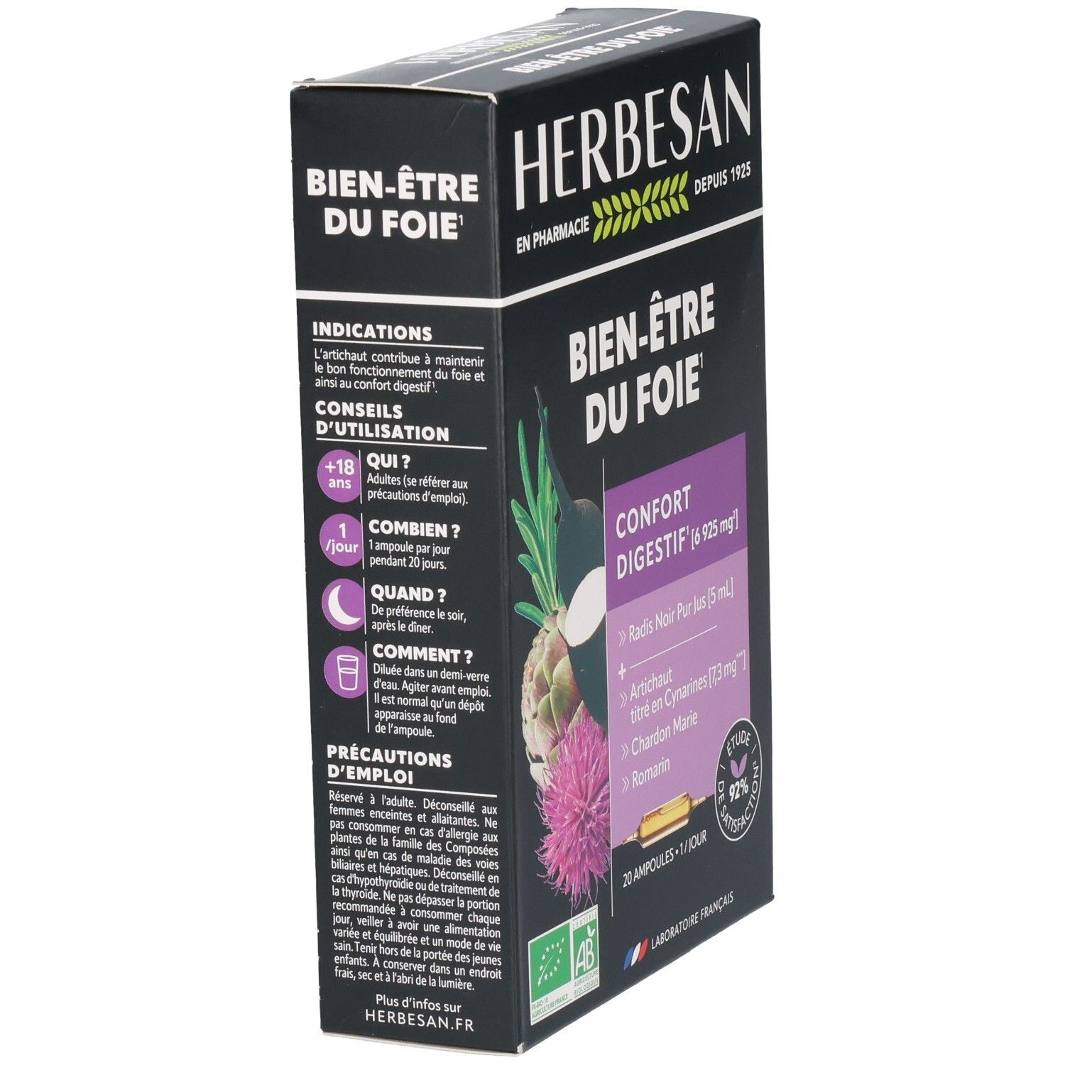 HERBESAN Bien-être du foie, verso. Contient indications d'utilisation et précautions.