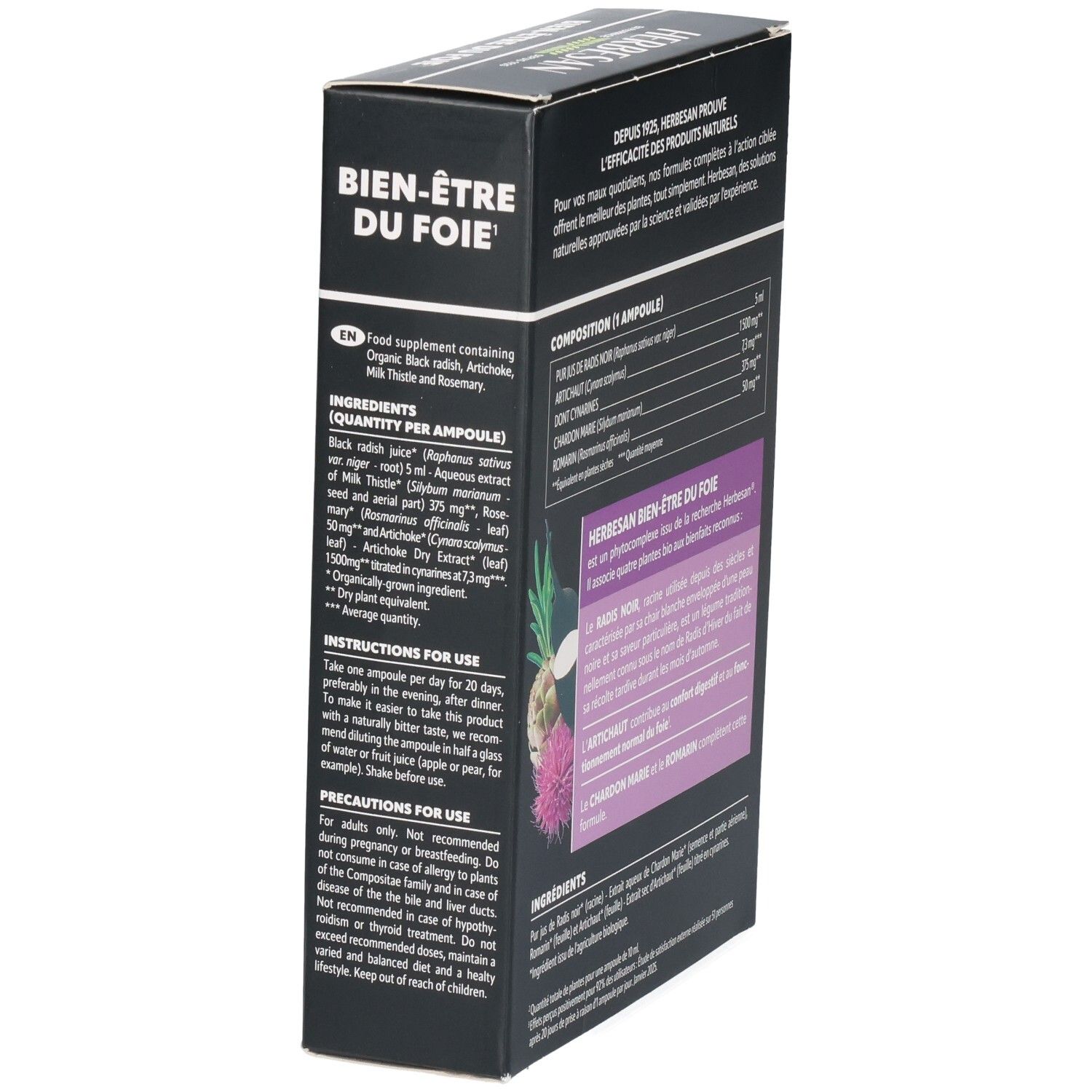 HERBESAN Bien-être du foie, côté. Contient ingrédients et instructions d'utilisation.