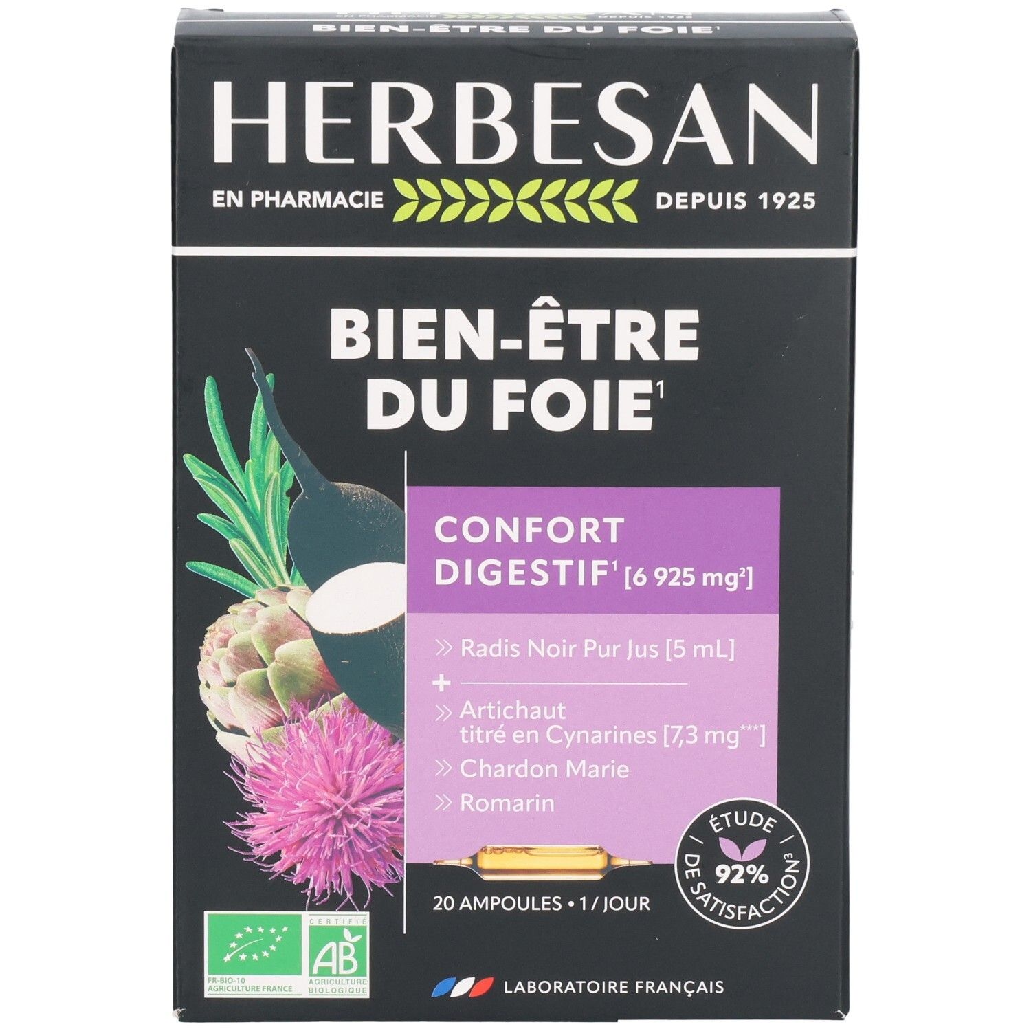 HERBESAN Bien-être du foie, face avant. Avec artichaut, radis noir, chardon-marie, romarin.