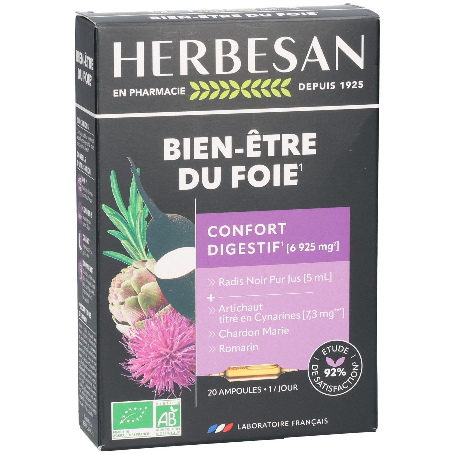HERBESAN Bien-être du foie, 20 ampoules. Avec artichaut, chardon-marie et romarin.