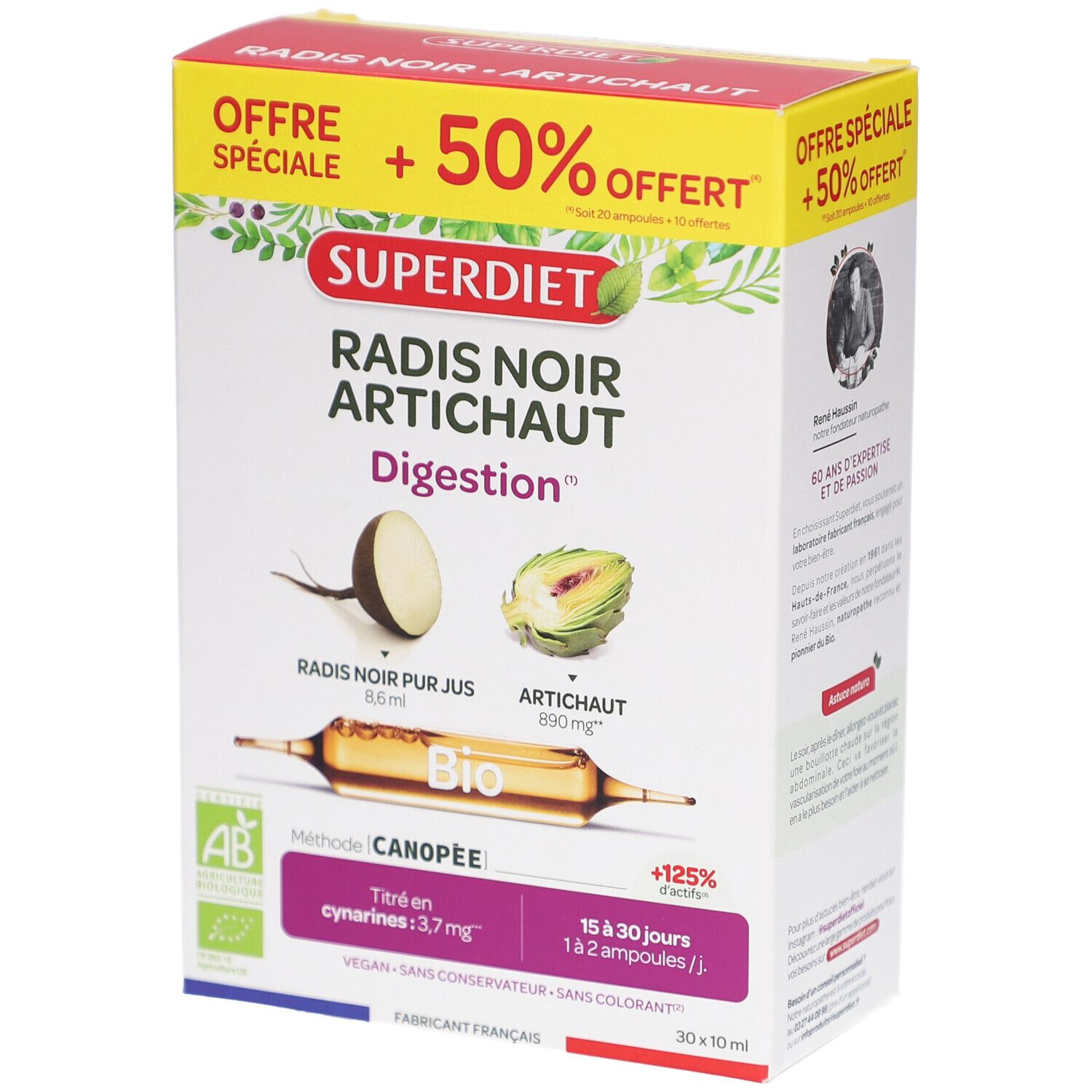 Boîte SUPERDIET RADIS NOIR ARTICH AMP20+10. Contient des ampoules. Face avant avec nom, ingrédients et label bio.