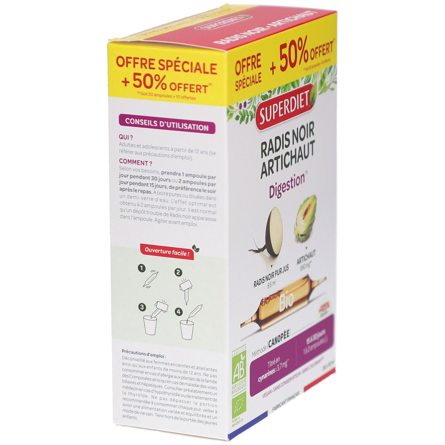 Vue latérale de la boîte SUPERDIET RADIS NOIR ARTICH AMP20+10. Contient des instructions et des illustrations d'utilisation.
