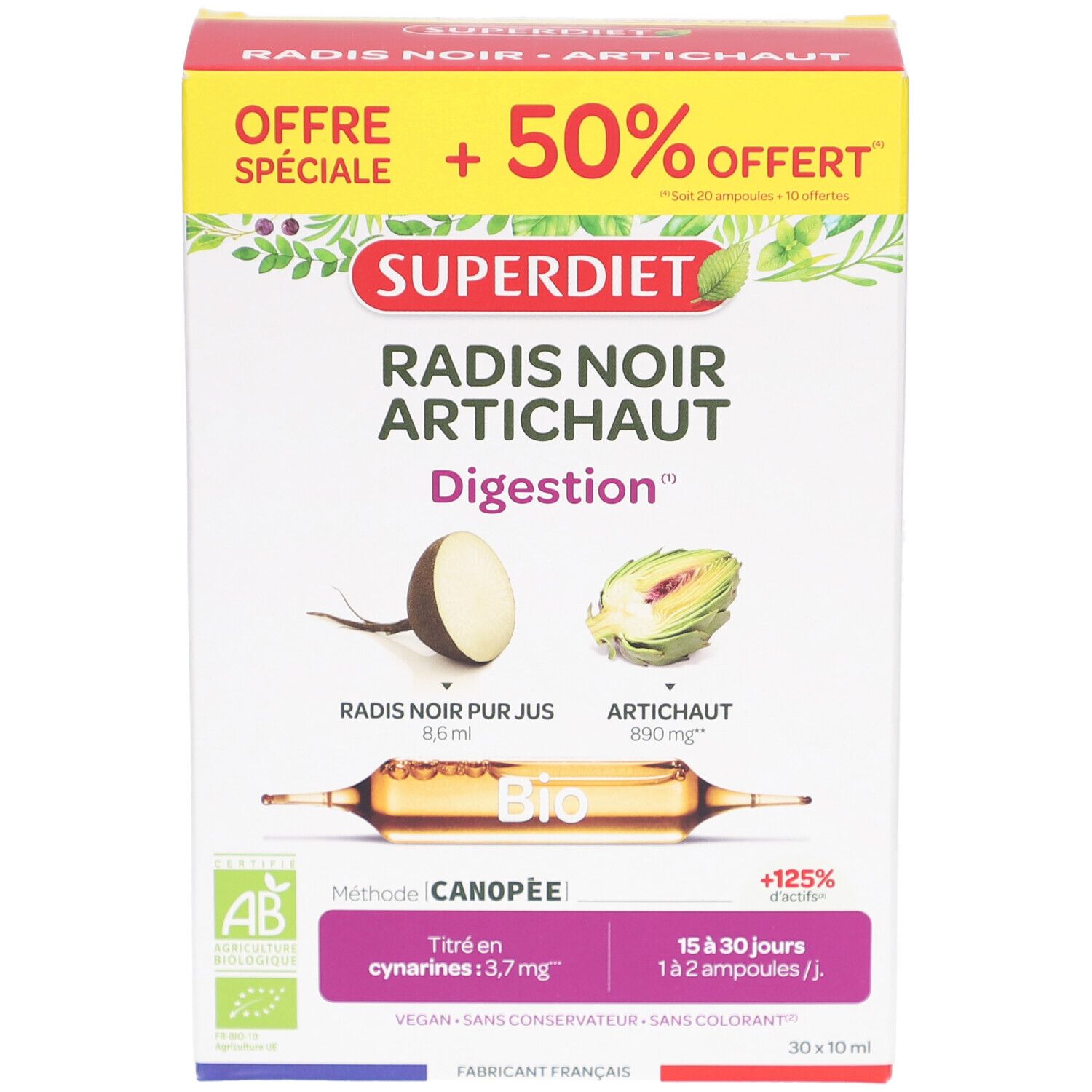 Boîte SUPERDIET RADIS NOIR ARTICH AMP20+10. Vue de face avec nom, ingrédients et label bio.