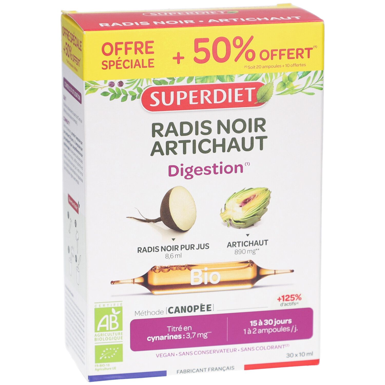 Boîte SUPERDIET RADIS NOIR ARTICH AMP20+10. Vue de face avec nom, ingrédients et label bio.