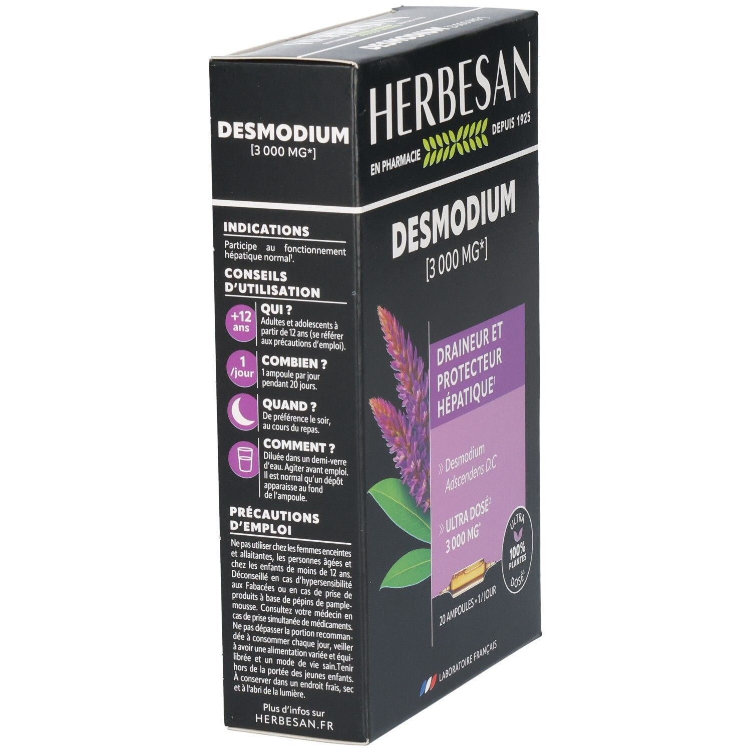HERBESAN DESMODIUM 3000 MG: Vue latérale de la boîte avec indications et précautions d'emploi.