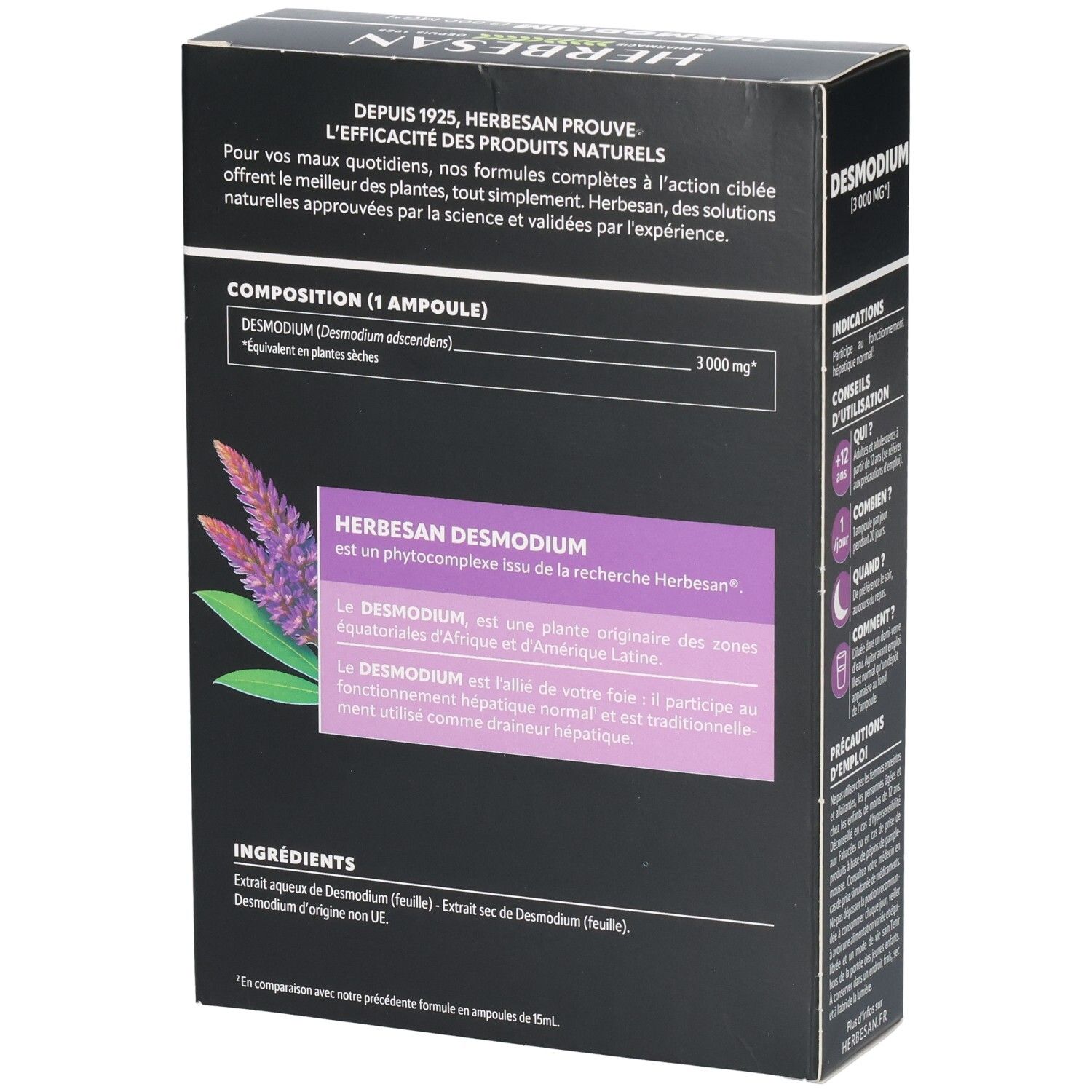 HERBESAN DESMODIUM 3000 MG: Arrière de la boîte avec composition et description de la plante.