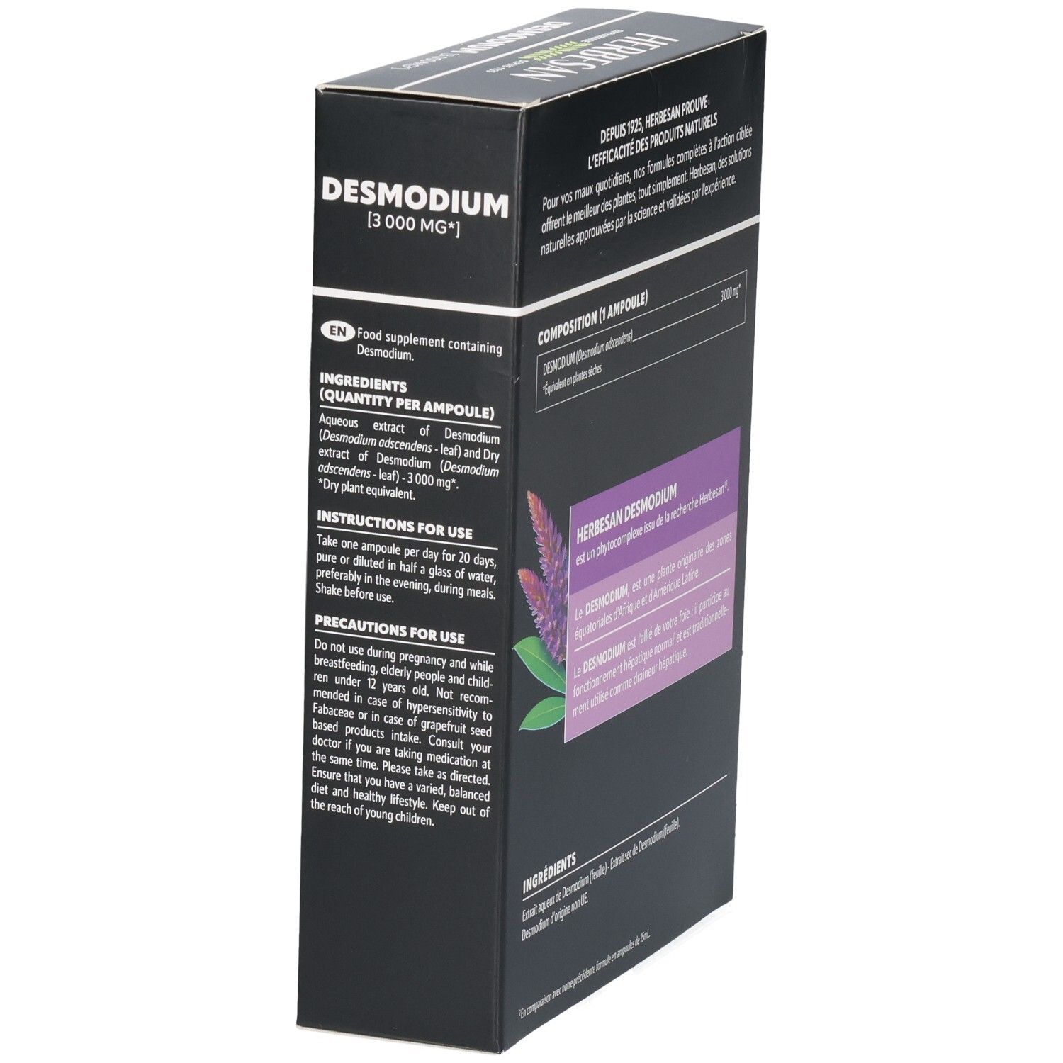 HERBESAN DESMODIUM 3000 MG: Vue latérale de la boîte avec instructions et précautions en anglais.