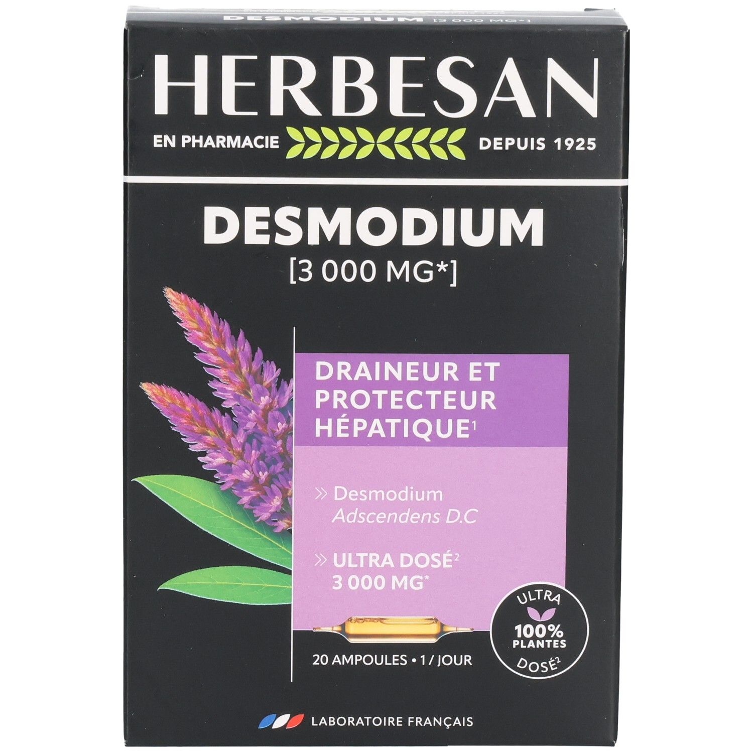 HERBESAN DESMODIUM 3000 MG: Face avant de la boîte avec illustration de plante et une ampoule.