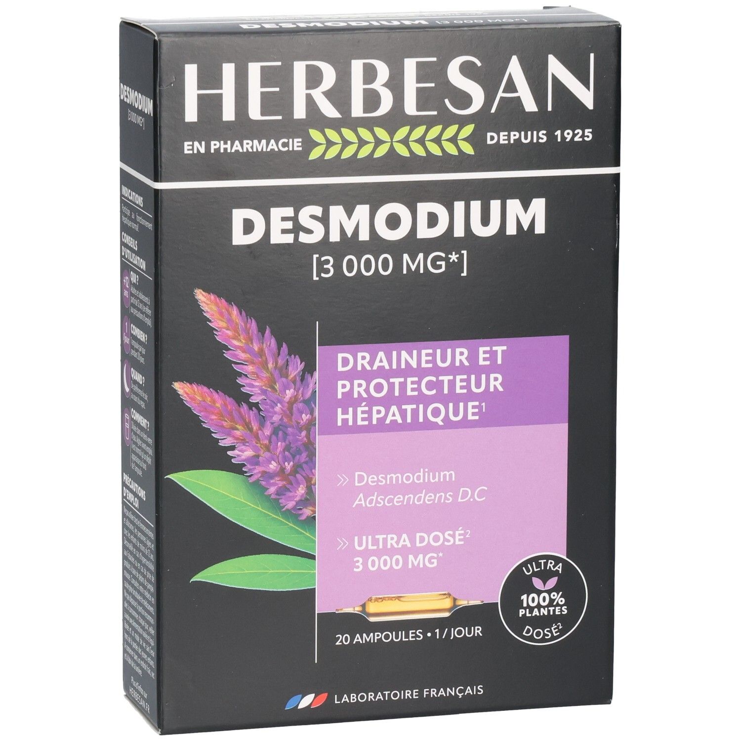 HERBESAN DESMODIUM 3000 MG: Face avant de la boîte avec illustration de plante et une ampoule.