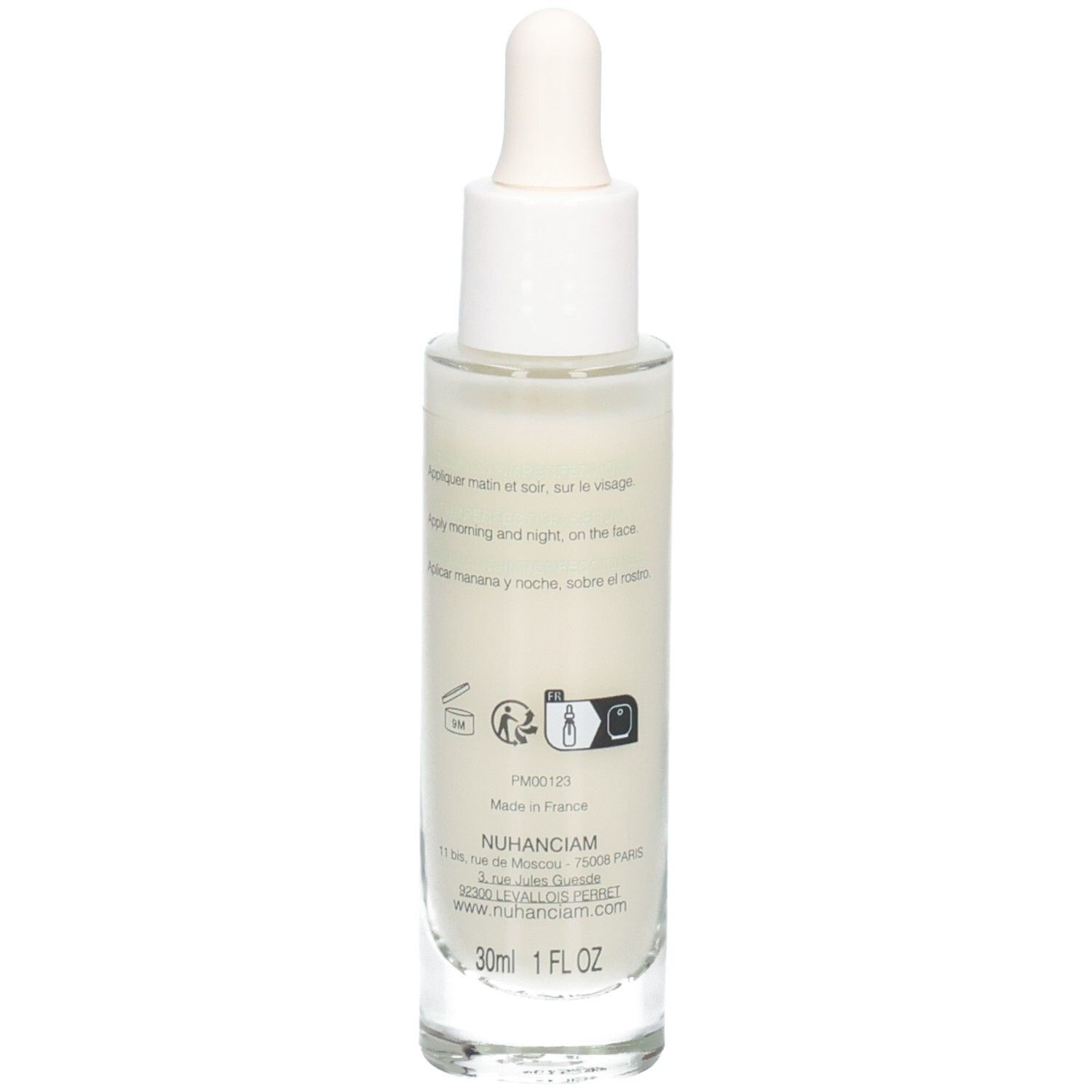 Arrière d'un flacon de Sérum Anti-Imperfections Nuhanciam avec instructions et ingrédients.