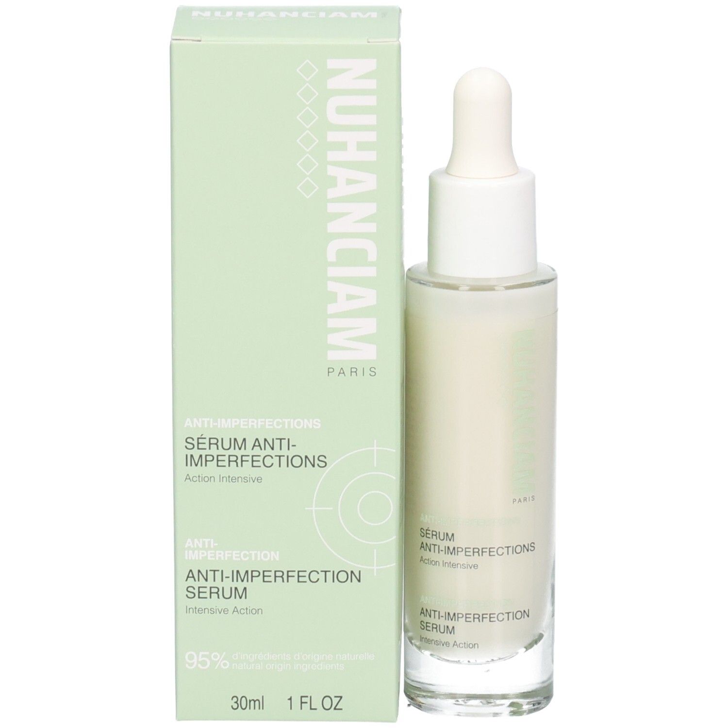 Flacon de Sérum Anti-Imperfections Nuhanciam à côté de son emballage.