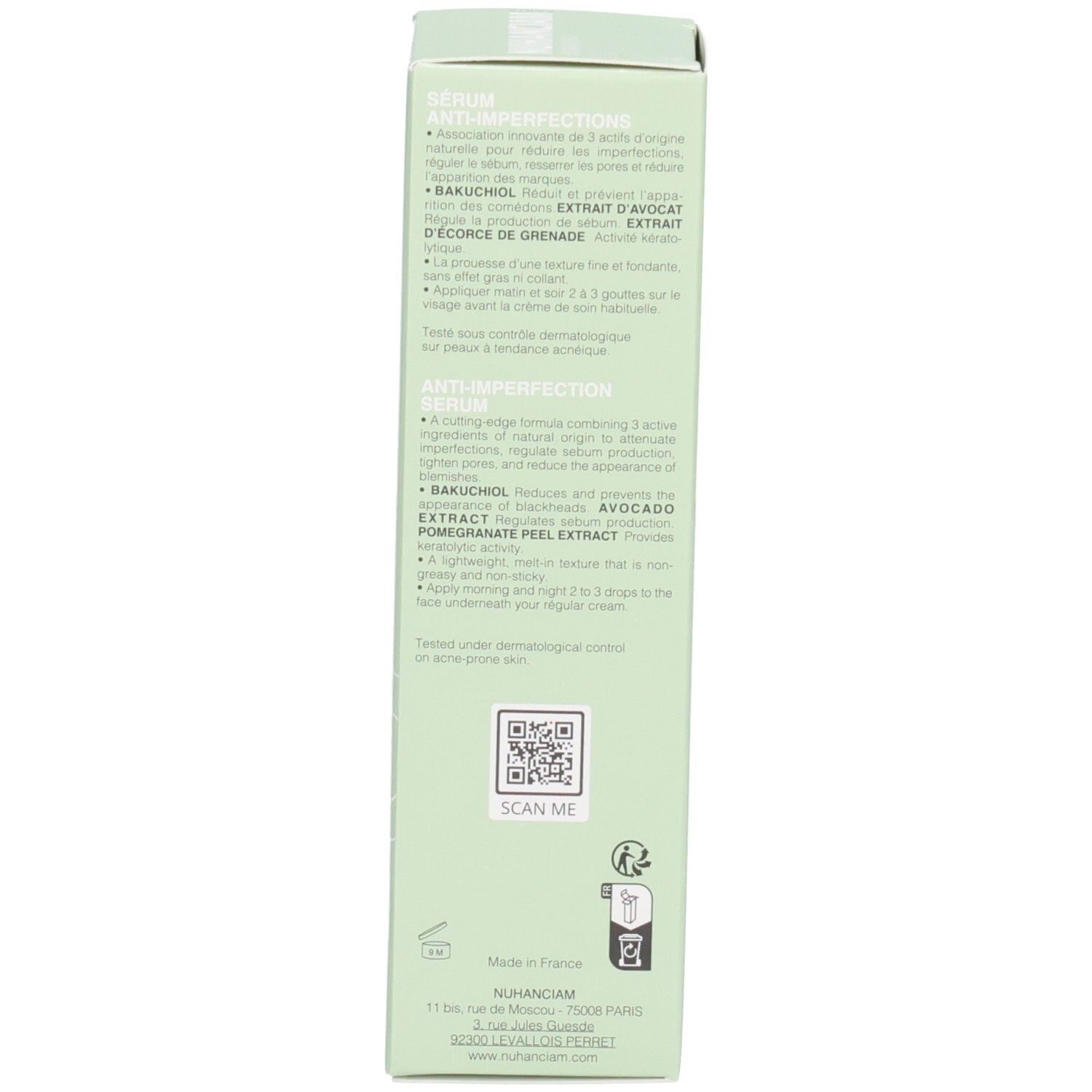 Côté de l'emballage du Sérum Anti-Imperfections Nuhanciam avec ingrédients et instructions.