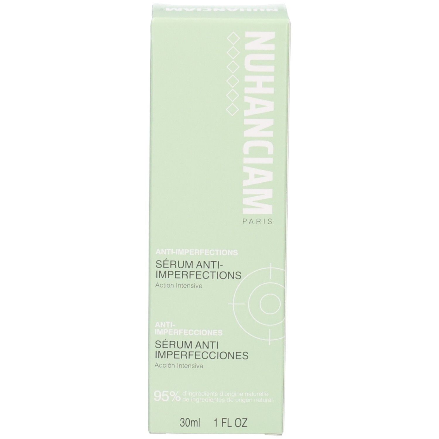 Vue détaillée de l'emballage du Sérum Anti-Imperfections Nuhanciam avec les ingrédients.