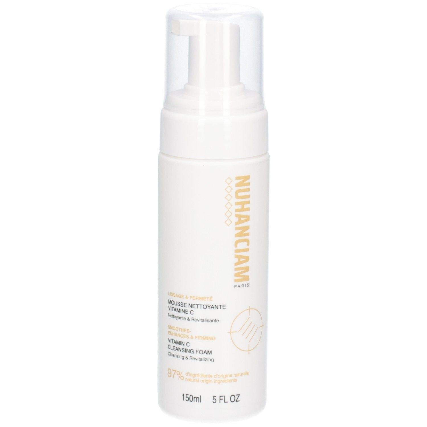 Flacon pompe blanc avec capuchon transparent, NUHANCIAM MOUSSE NETTOYANTE VITAMINE C.