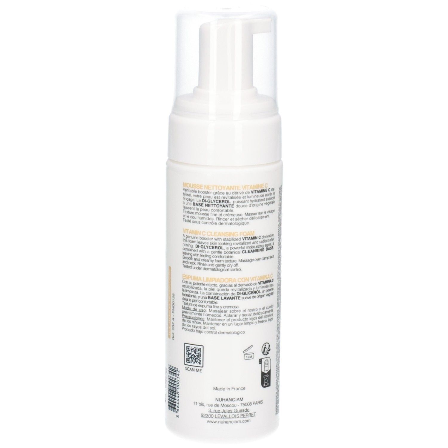 Arrière d'un flacon pompe blanc avec informations produit et code QR.