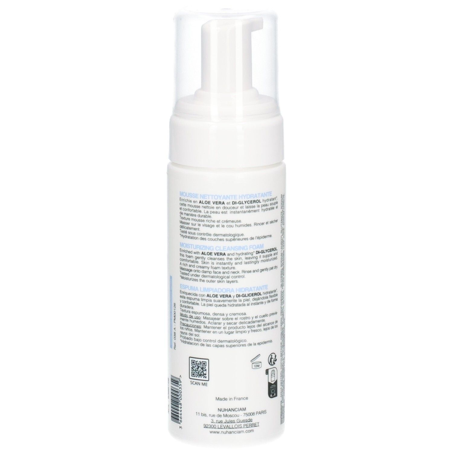 Arrière d'un flacon blanc avec pompe : Mousse Nettoyante Hydratante Nuhanciam.