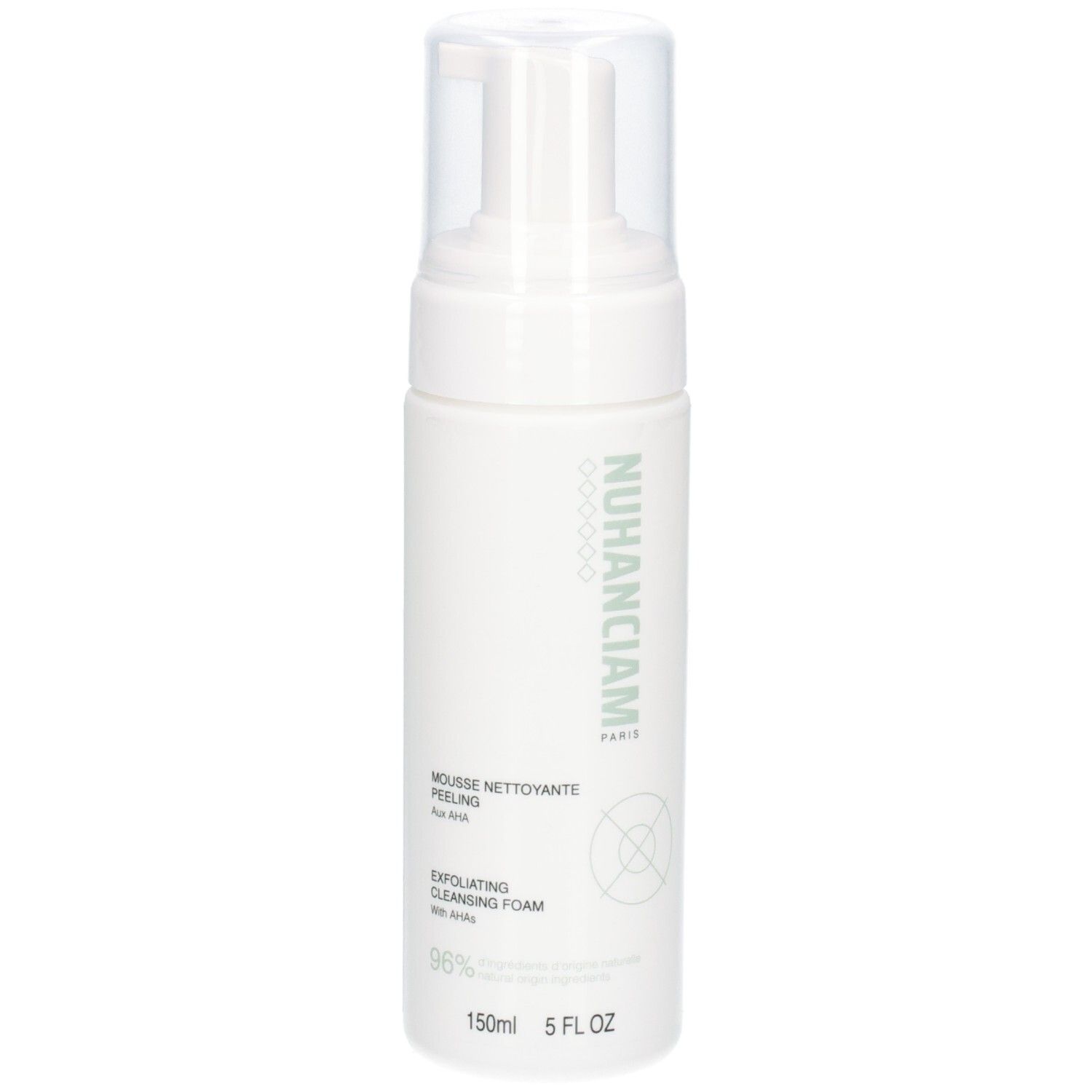 Flacon blanc avec pompe et capuchon transparent. Contient Nuhanciam Mousse Nettoyante Peeling.