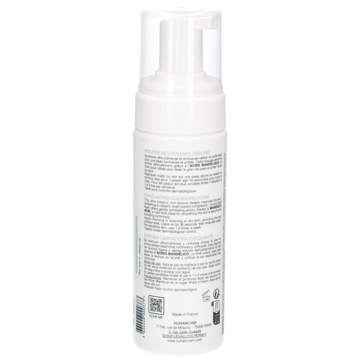 Arrière d'un flacon blanc avec pompe. Contient Nuhanciam Mousse Nettoyante Peeling.