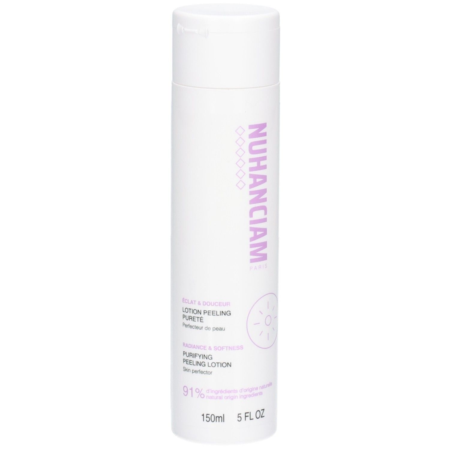 Flacon blanc avec inscription violette 'NUHANCIAM LOTION PEELING PURETE'. 150ml 5 FL OZ.
