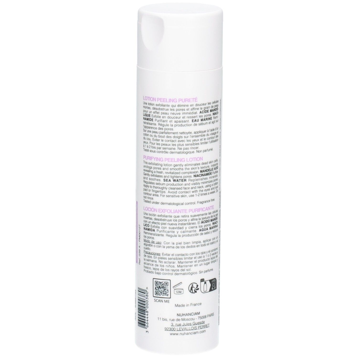 Arrière d'un flacon blanc avec informations produit et code QR. Fabriqué en France.
