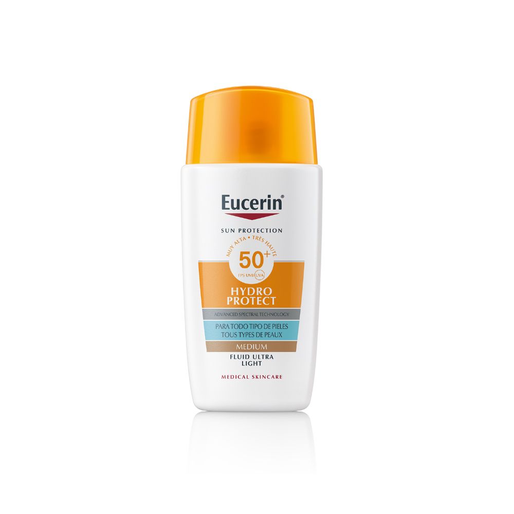 Flacon blanc, bouchon orange. Eucerin Sun Protection, Hydro Protect, SPF 50+. Pour tous types de peaux, teinté.