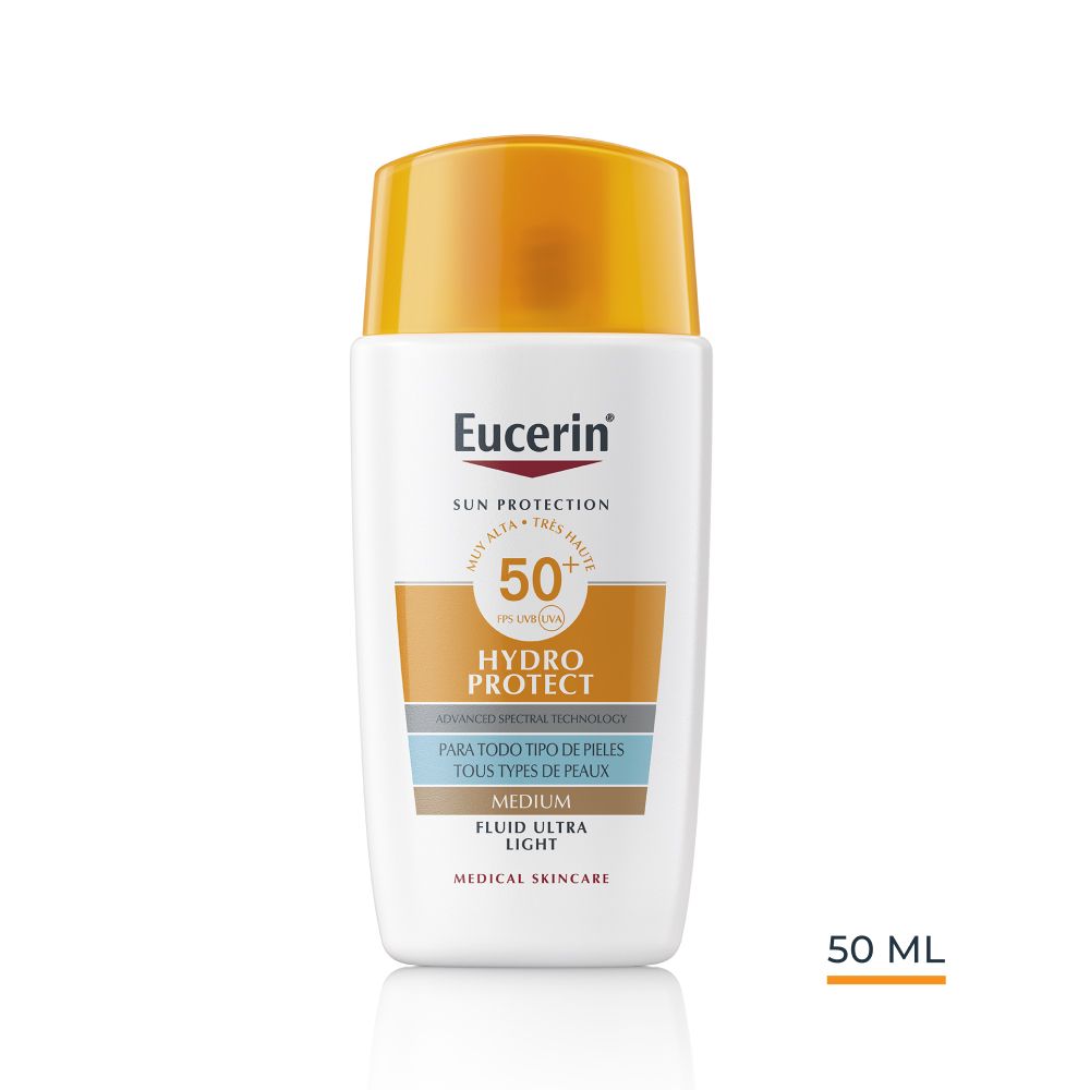 Flacon blanc, bouchon orange. Eucerin Sun Protection, Hydro Protect, SPF 50+. 50 ml.
