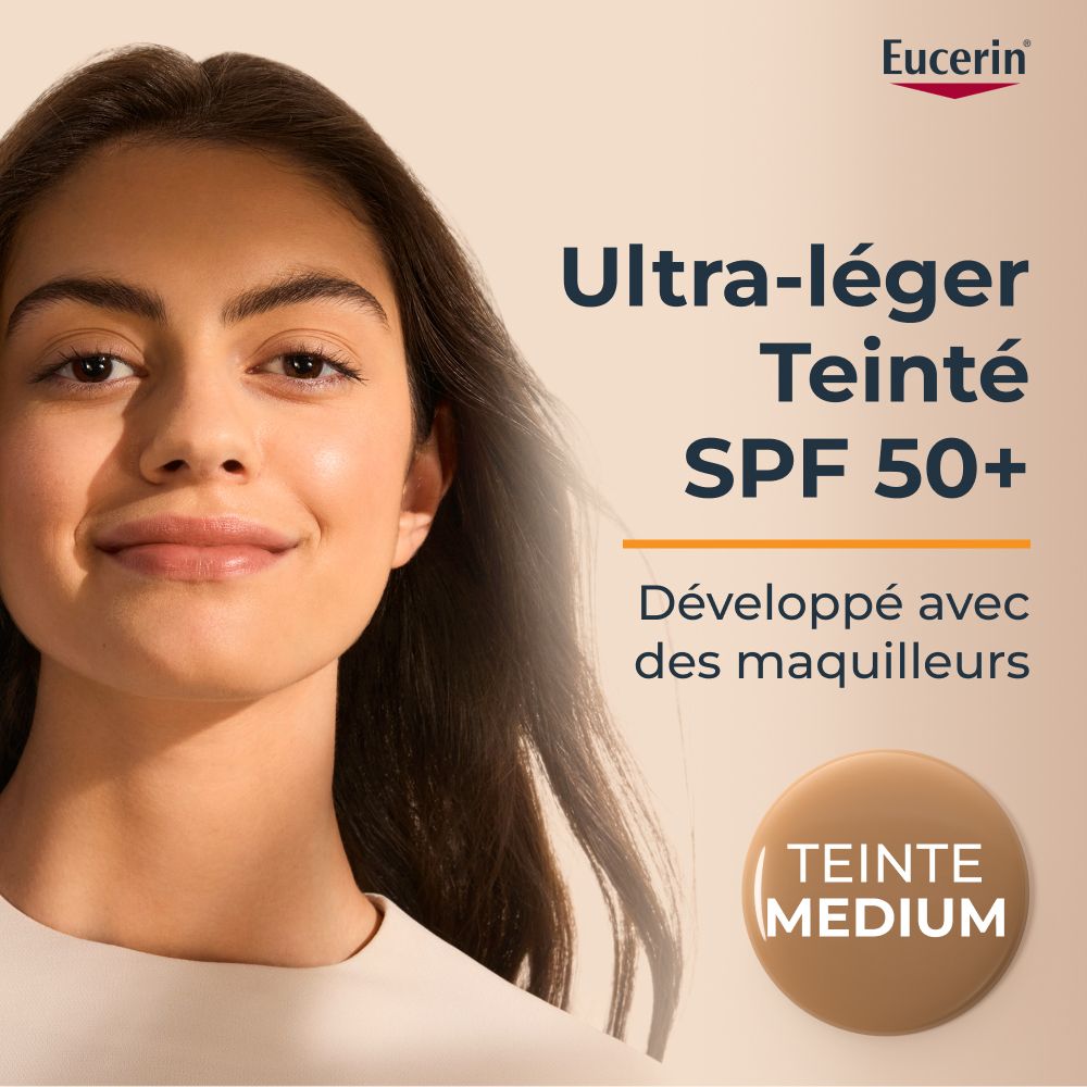 Femme avec peau teintée. Texte: Ultra-léger Teinté SPF 50+. Développé avec des maquilleurs. Teinte Medium.