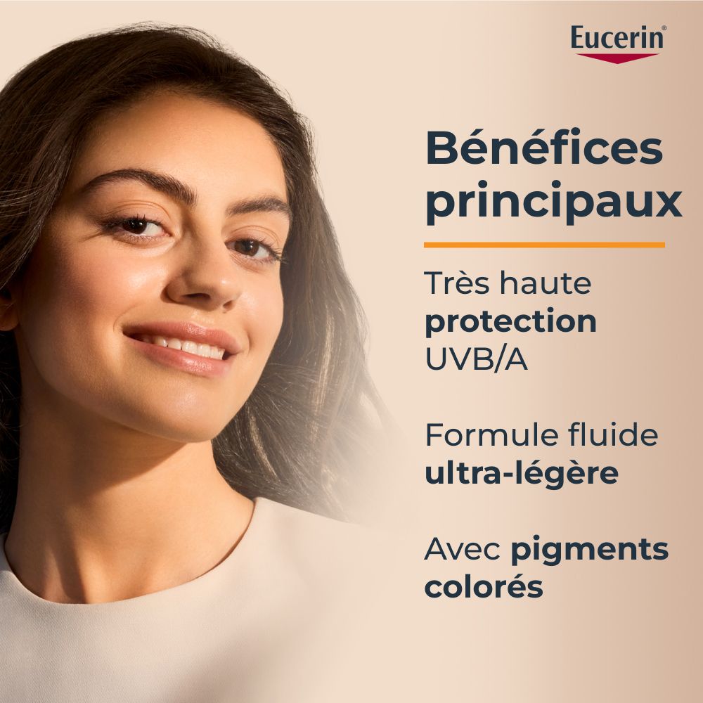 Femme avec peau teintée. Texte: Bénéfices principaux. Très haute protection UVB/A. Formule ultra-légère. Avec pigments colorés.