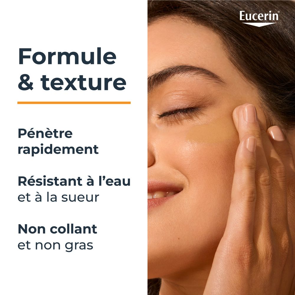 Femme appliquant le produit. Texte: Formule & texture. Pénètre rapidement. Résistant à l'eau et à la sueur. Non collant et non gras.