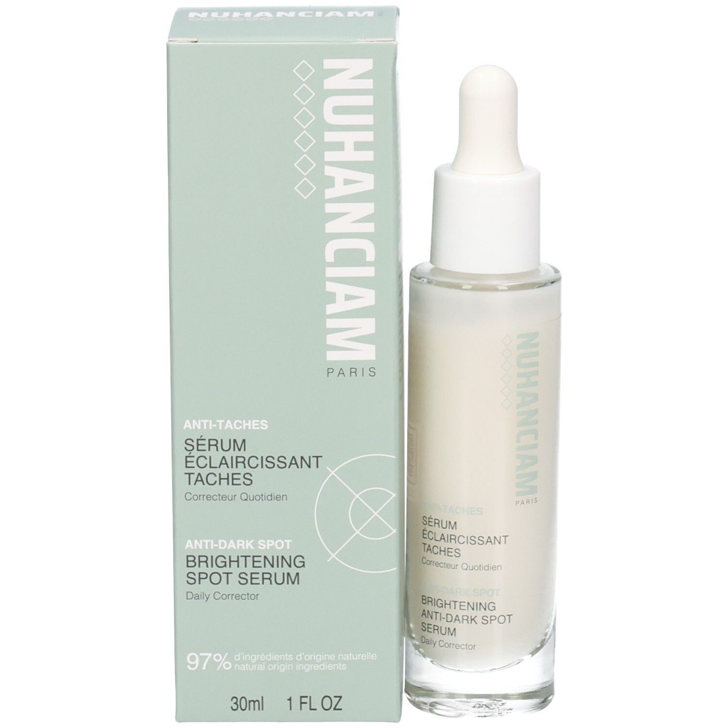 Flacon de Sérum Nuhanciam à côté de sa boîte : boîte vert pâle avec nom du produit et détails.