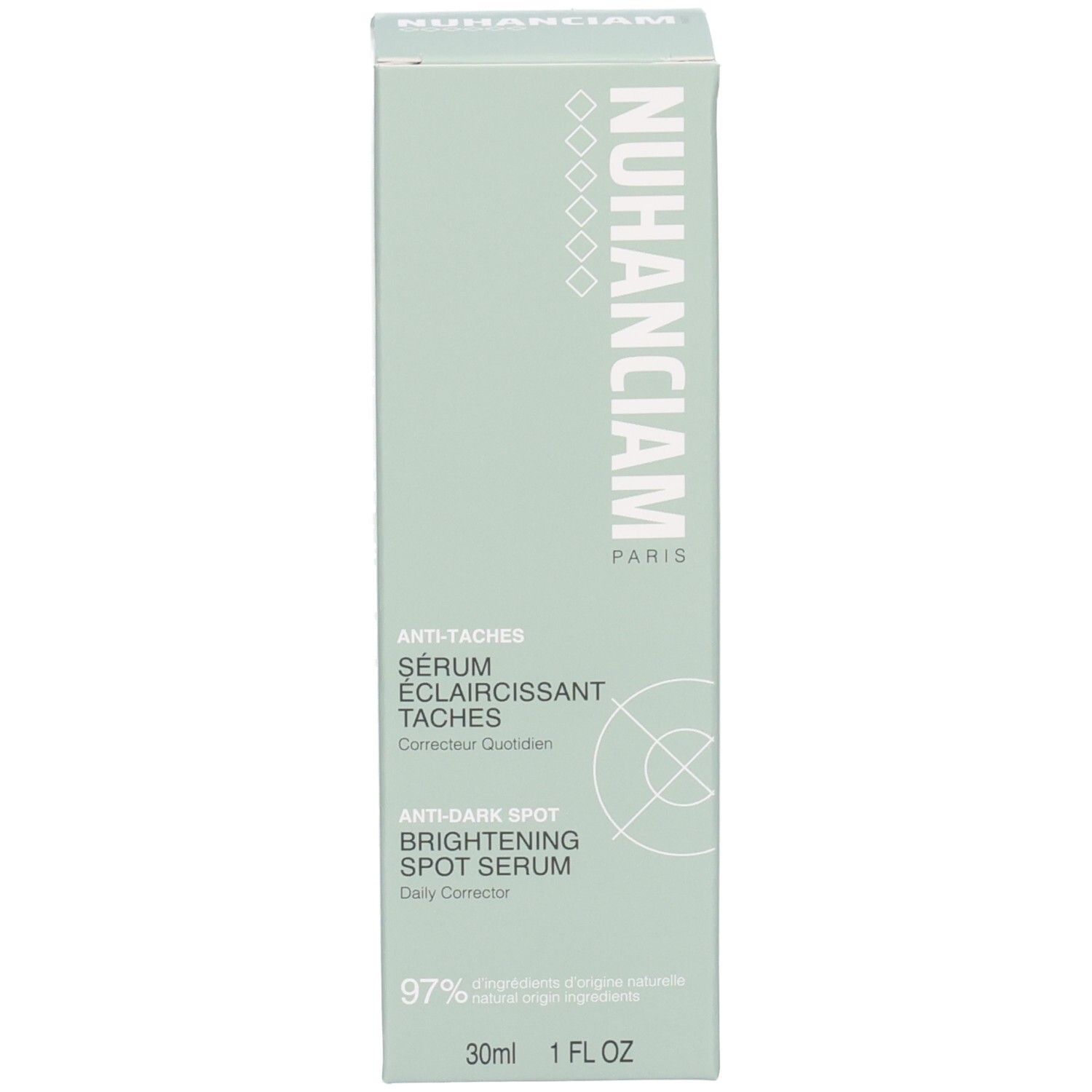 Boîte d'emballage Nuhanciam Sérum Éclaircissant Taches : vert pâle, avec nom du produit et logo.