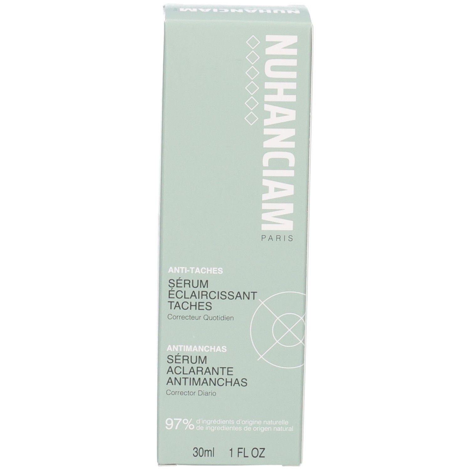 Côté de la boîte du Sérum Nuhanciam : informations produit en espagnol et anglais, code QR.