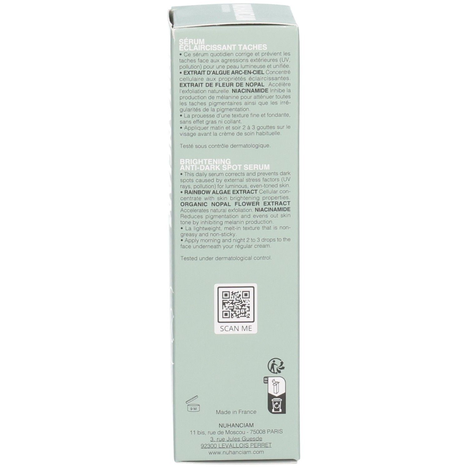 Avant de la boîte du Sérum Nuhanciam : vert pâle, avec nom du produit et 97% d'ingrédients naturels.