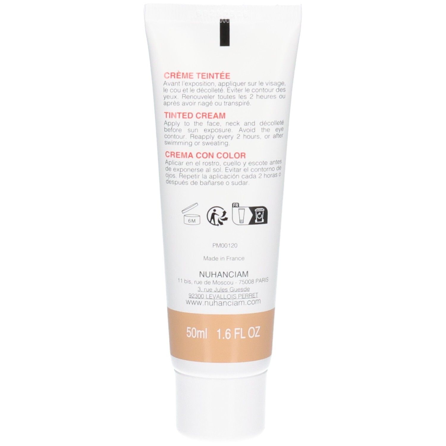 Dos du tube Nuhanciam crème teintée SPF 50+, teinte Médium. Contient instructions et informations produit.