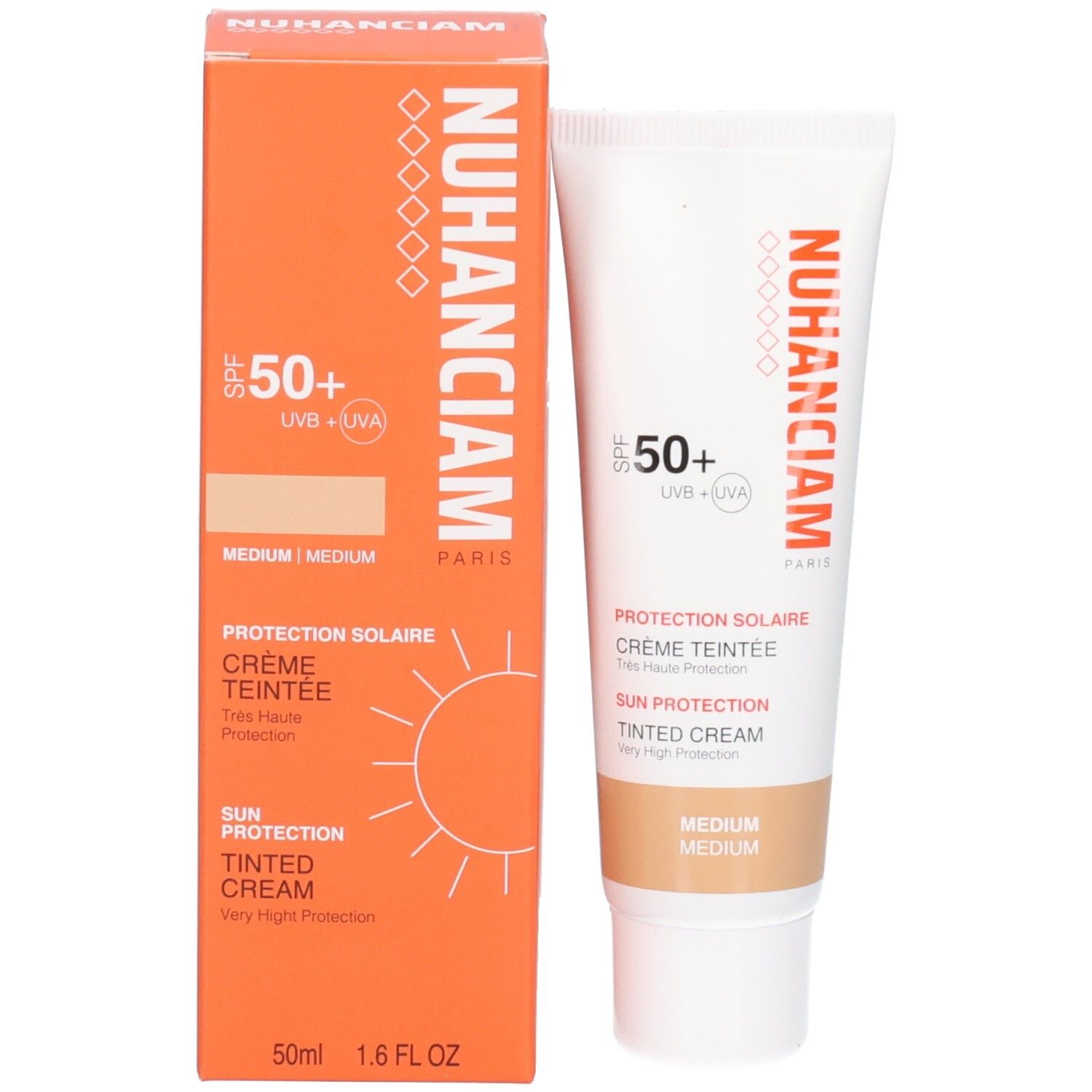 Nuhanciam crème teintée SPF 50+, teinte Médium, avec sa boîte pliante orange.