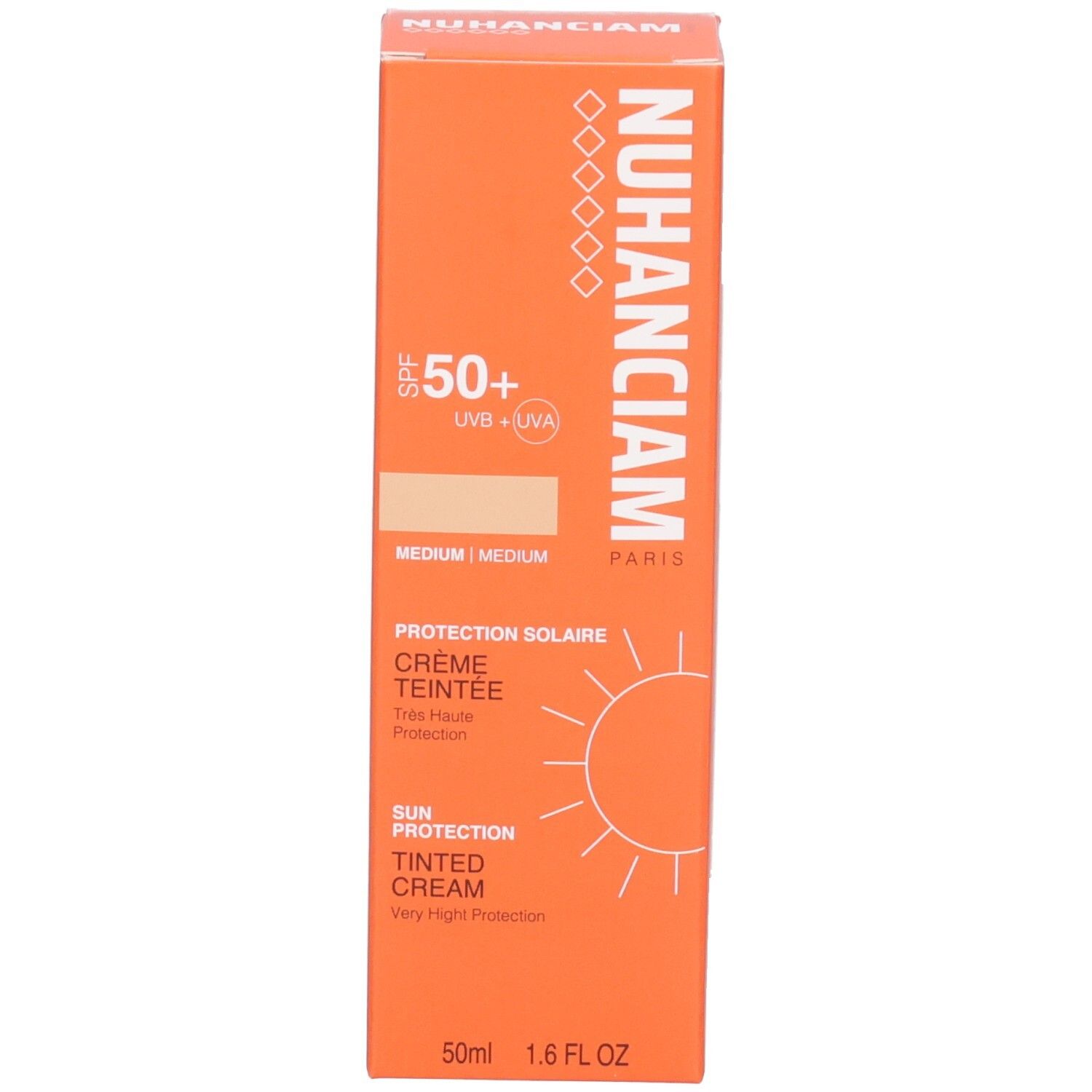 Boîte pliante orange pour Nuhanciam crème teintée SPF 50+, teinte Médium. Affiche informations produit et symbole soleil.