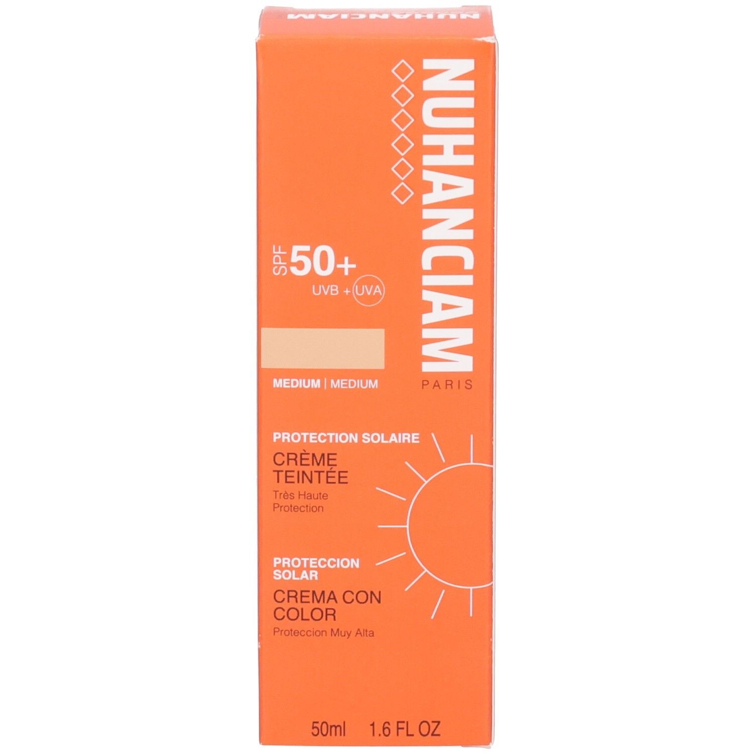 Face avant de la boîte Nuhanciam crème teintée, teinte Médium, SPF 50+.