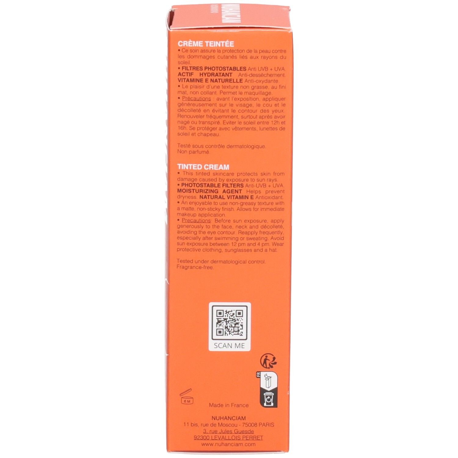 Côté de la boîte Nuhanciam crème teintée avec instructions d'application et code QR.