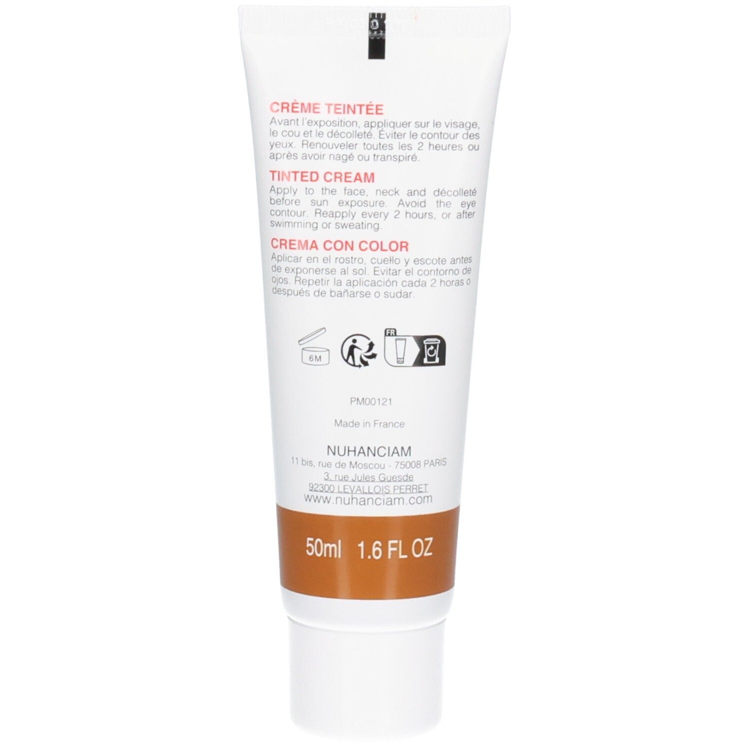 Arrière d'un tube de crème teintée Nuhanciam SPF 50+, teinte foncée, 50ml.