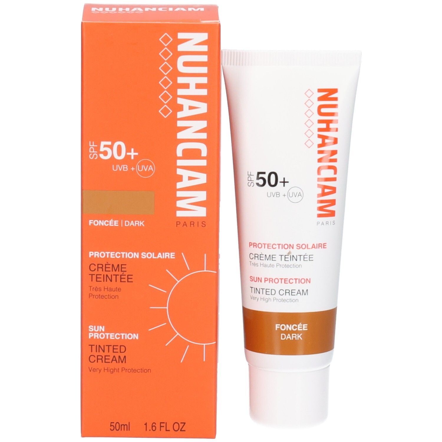 Crème teintée Nuhanciam SPF 50+, teinte foncée, 50ml, avec boîte orange.
