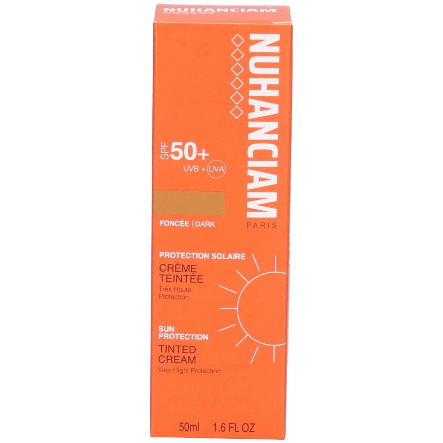 Boîte orange pour crème teintée Nuhanciam SPF 50+, teinte foncée.
