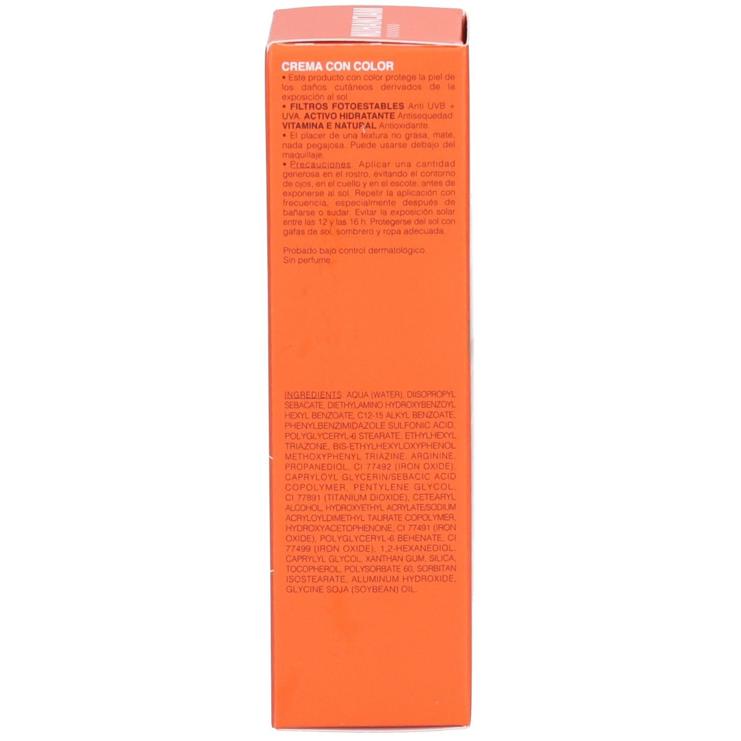 Côté de la boîte orange avec ingrédients pour crème teintée Nuhanciam.