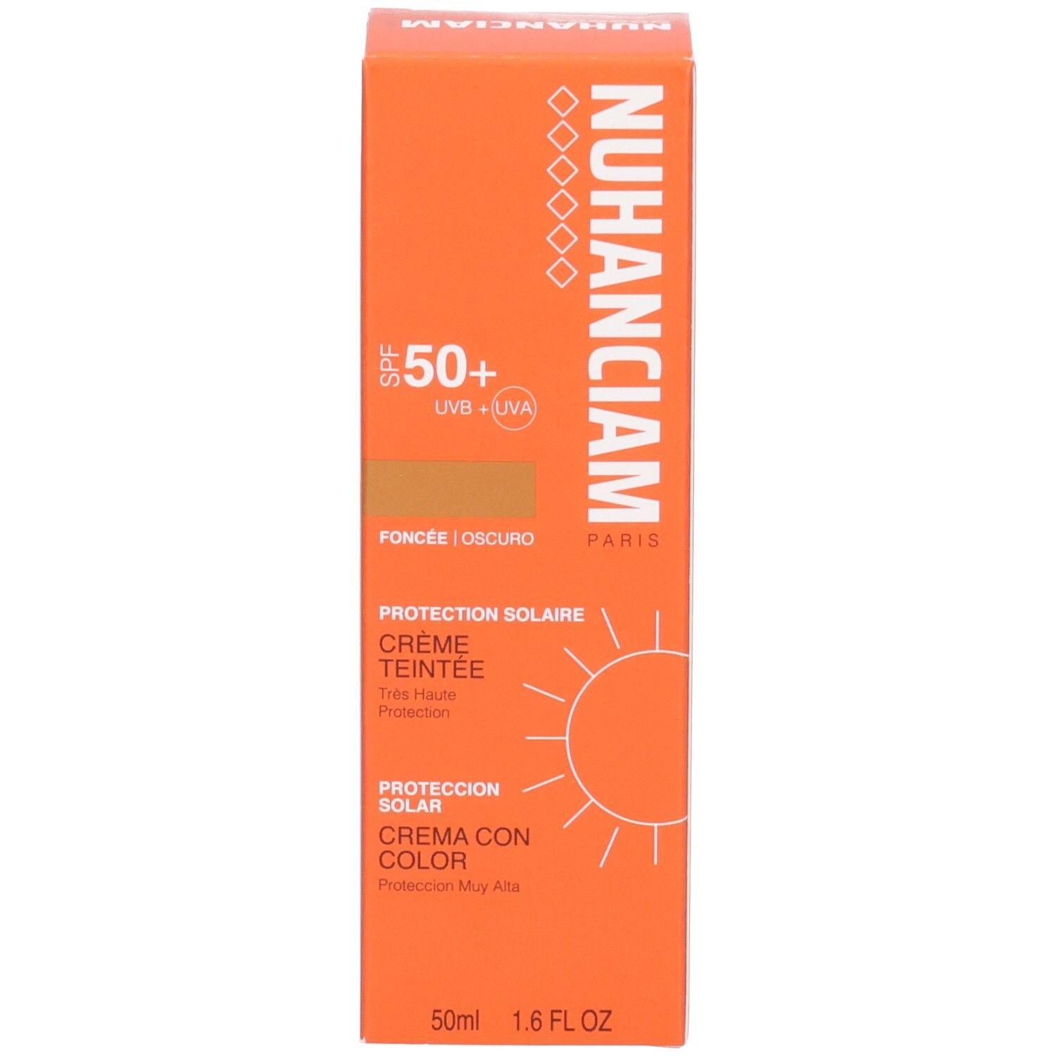 Côté de la boîte orange avec instructions d'utilisation pour crème teintée Nuhanciam.