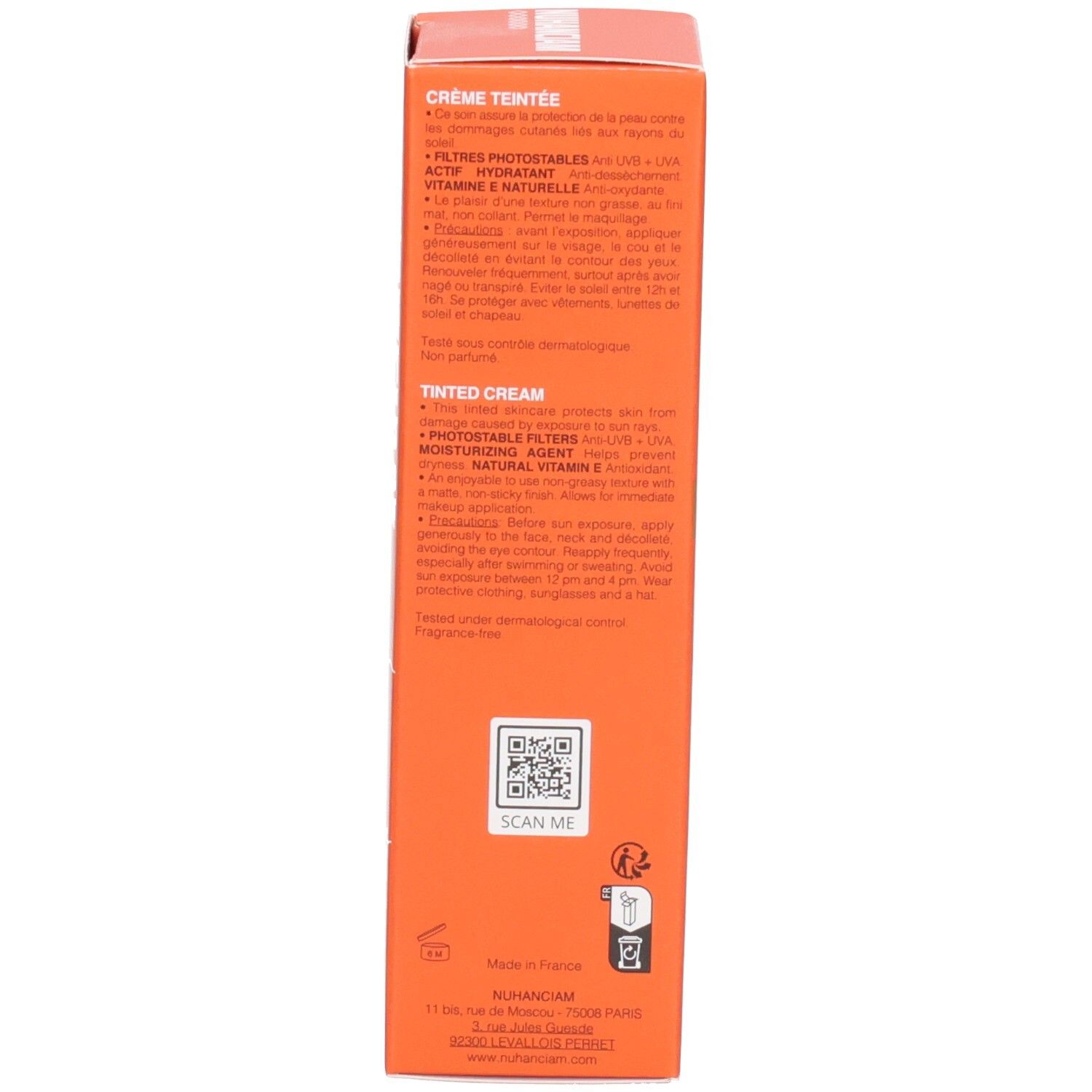 Boîte orange pour crème teintée Nuhanciam SPF 50+, teinte foncée, 50ml.