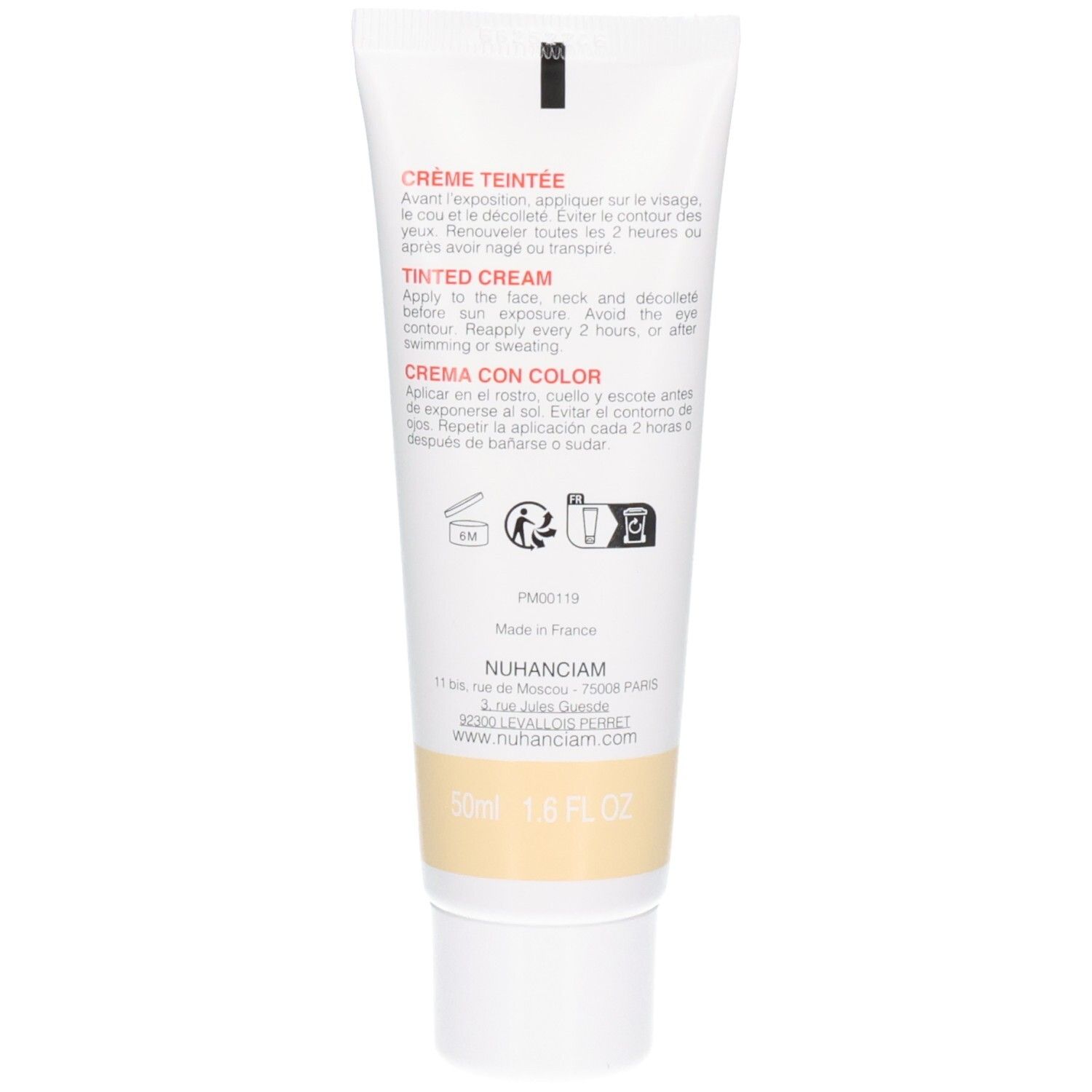 Dos de la crème teintée Nuhanciam SPF 50+, teinte claire, tube 50ml.