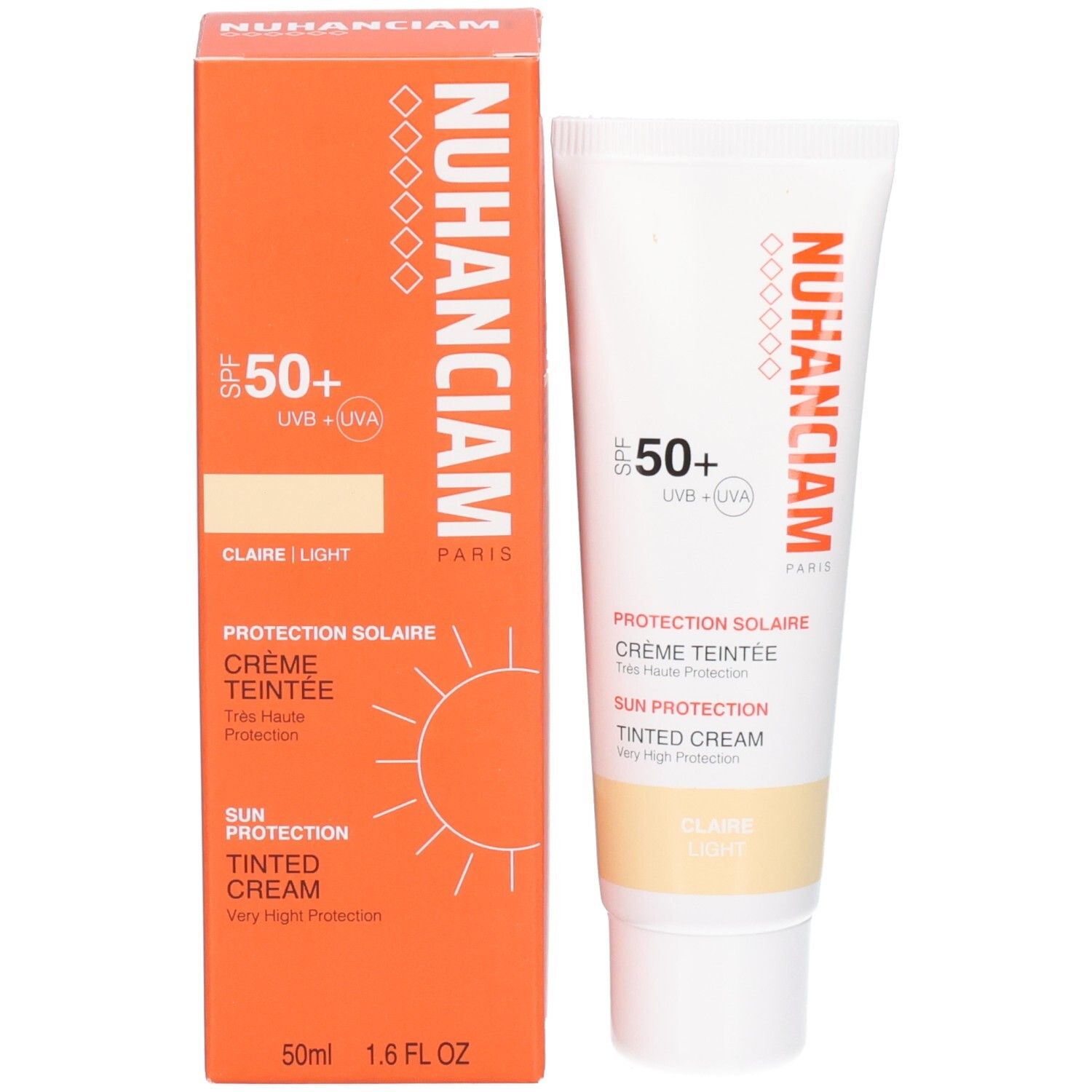 Nuhanciam crème teintée SPF 50+, teinte claire, avec boîte orange.
